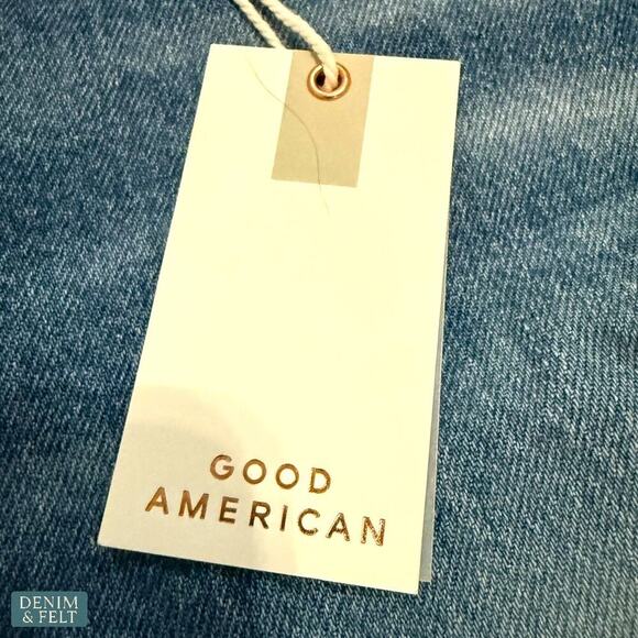 Good American Good ’90s Bermuda Denim Shorts Raw Hem Distressed Indigo Size 10 - Picture 8 of 12